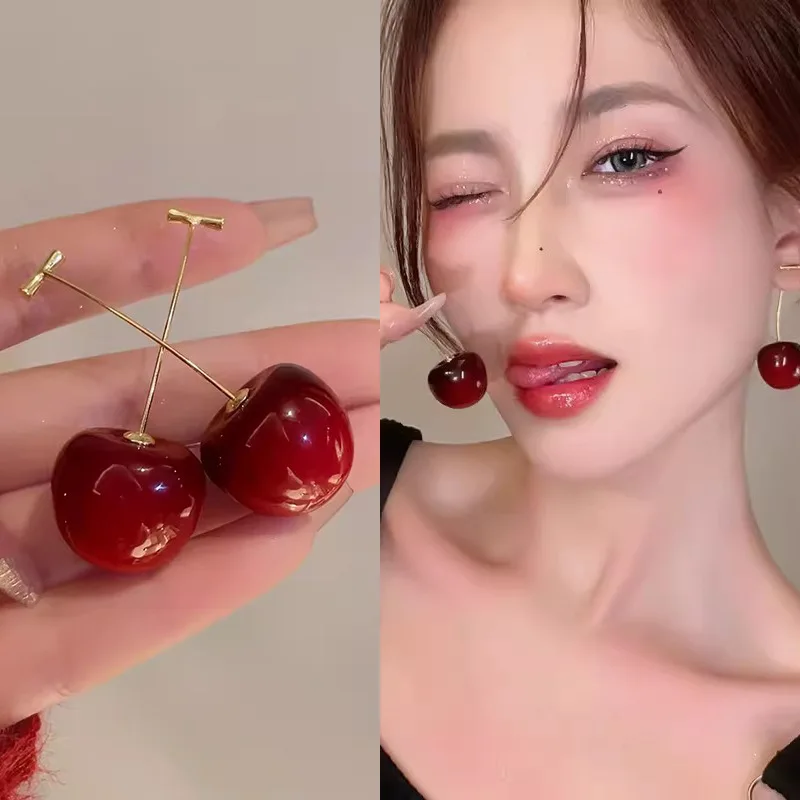 New Super Sweet Red Cherry Drop Earrings for Women Metal Acrylic Big Small Cherry Dangle Earrings Party Jewelry Girl Gift