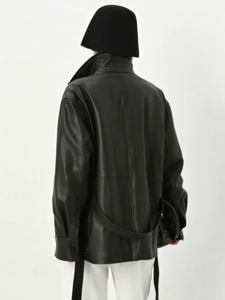 여성용 정품 가죽 다운 재킷 가을 겨울 고급 심플 소프트 블랙 리얼 양털 화이트 구스 다운 코트 (벨트 포함)