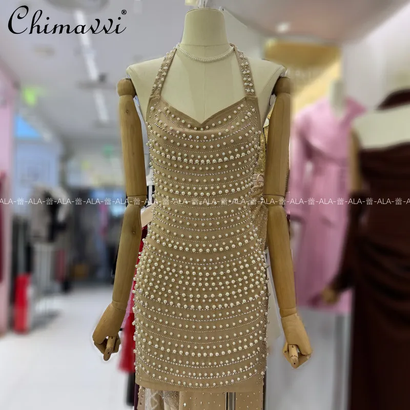 

High-end Fashion Halter Neck Backless Stretch Slim Beaded Heavy-duty Dress Sexy Women's Elegant Short Party Short Dresses