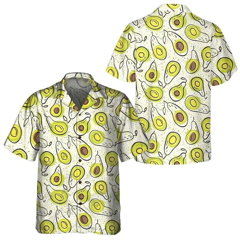 Funny Hawaiian Fruit Avocado Short Sleeve Shirts For Men Clothes Persea Americana Mill Graphic Blouses Vacation Lapel Blouse Top