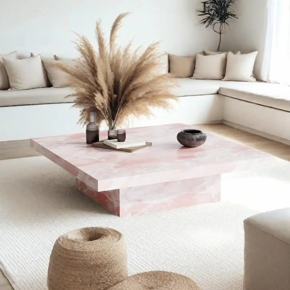 "Pink Jade Marble Coffee Table - Luxury Stone Square Tea Table,