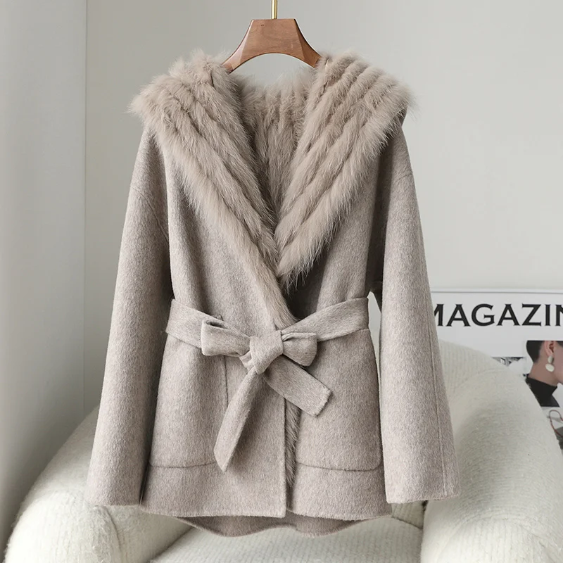 Women Winter Real Fox Fur Belt Slim Vest Natural Fur Coat Outwear Hooded Wool Cashmere Outwear Female Coat Full Sleeve