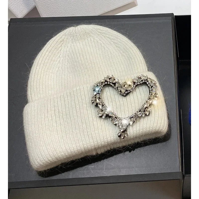 

Luxury Heart Rhinestone Winter Beanies Women Solid Color Real Rabbit Fur Knitted Hat Lady Fashion Warm Pullover Caps Gifts