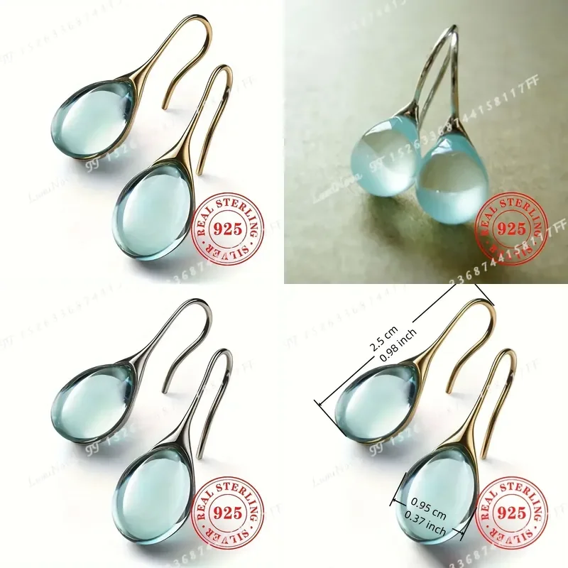 1 Pair Women S925 Sterling Silver Lab Created Aquamarine Dangle Drop Earrings Fashion Jewelry for Wedding Party