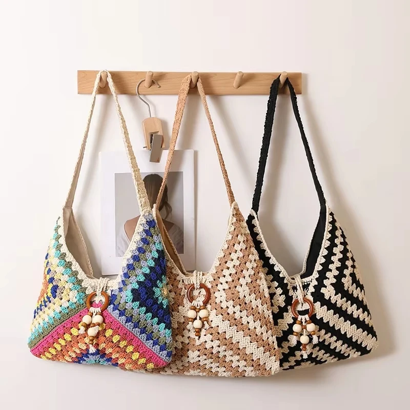 

Ethnic style shoulder cotton thread new color grandmother grid grass woven bag, vacation style beach versatile women's bag