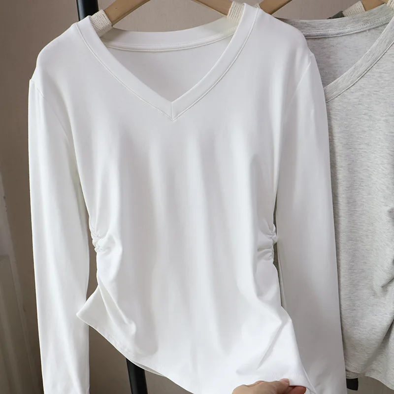 

Warm Fce Lined Autumn Winter Long Sve Base irt Women's Design V Ne Pleated Slimming Tirt Irregular Slit Bot irt