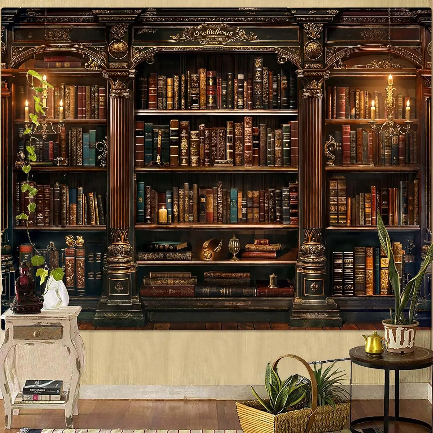 Vintage Bookshelf Tapestry Medieval Art Book Tapestries Wall Hanging Gothic Dark Academia Retro Library Backdrop Tapestry for