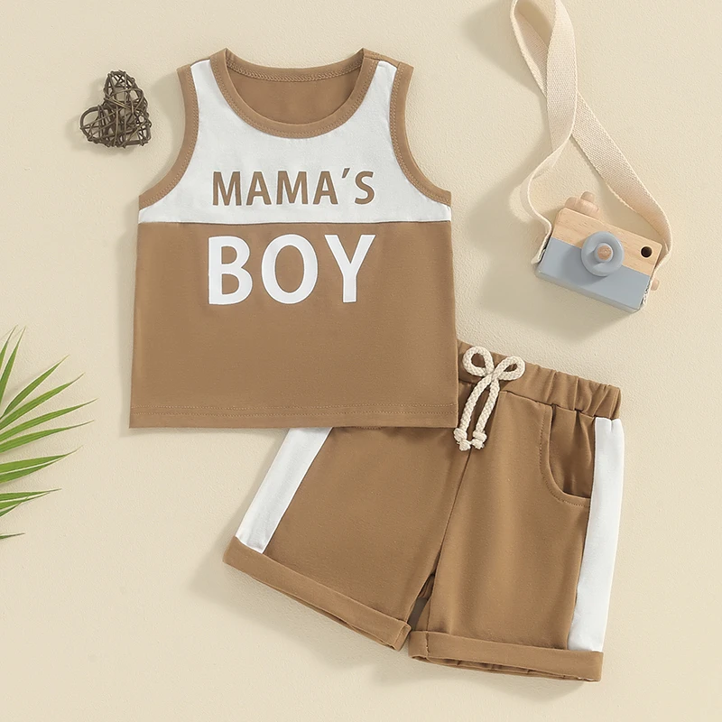 

Boys Summer Outfit Set with Sleeveless Tank Top and Drawstring Shorts featuring Fun Letter Print Design