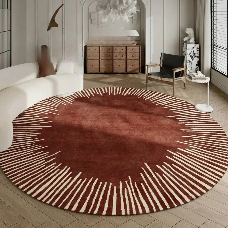 Abstract Round Rug Terracotta Cream Sun‑Ray Border Print Soft Floor Mat for Bedroom Living Room Aesthetic Home Decor