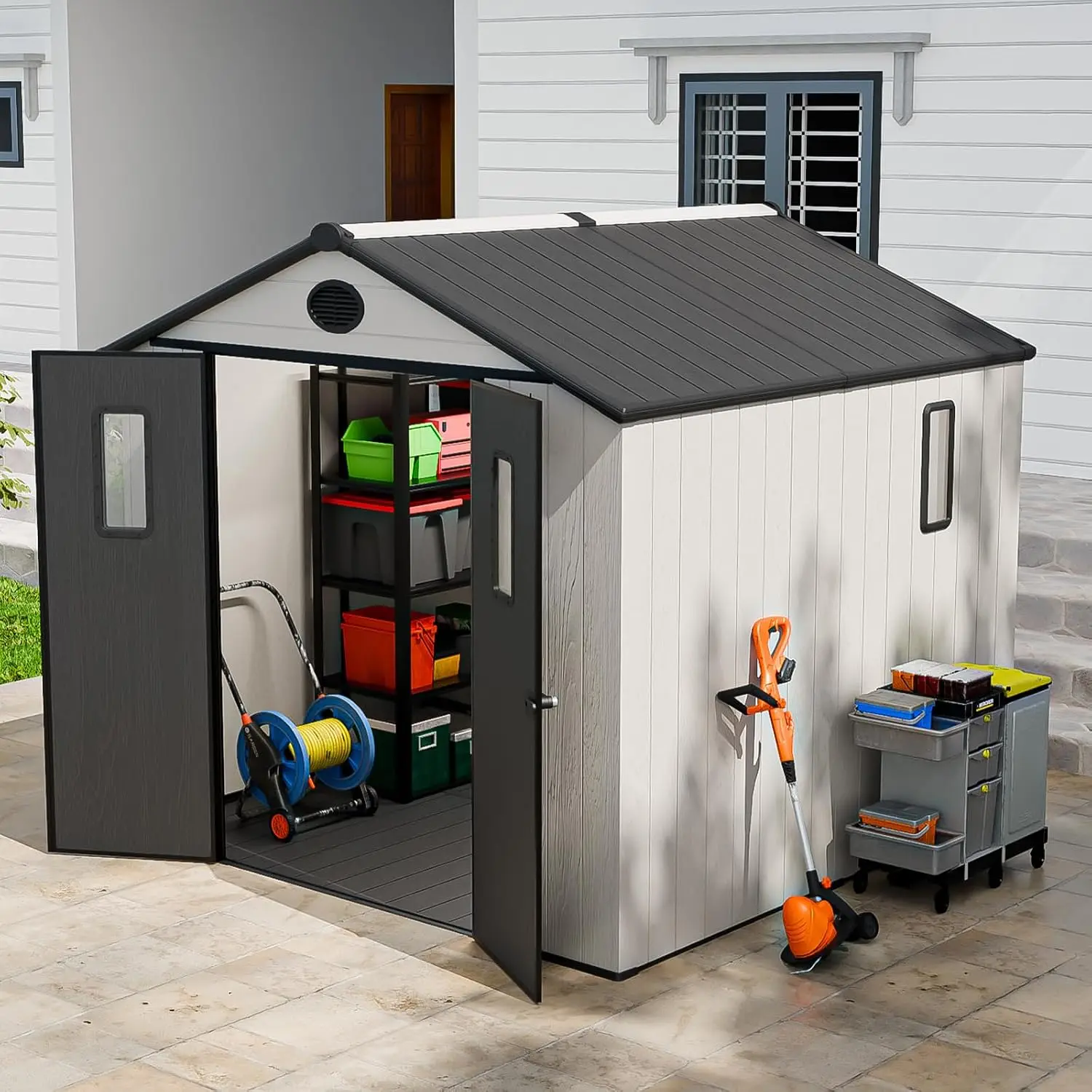 8x8 Outdoor Resin Storage Shed with Floor, Weatherproof Garden Tool House for Patio Backyard, White/Gray, Customized