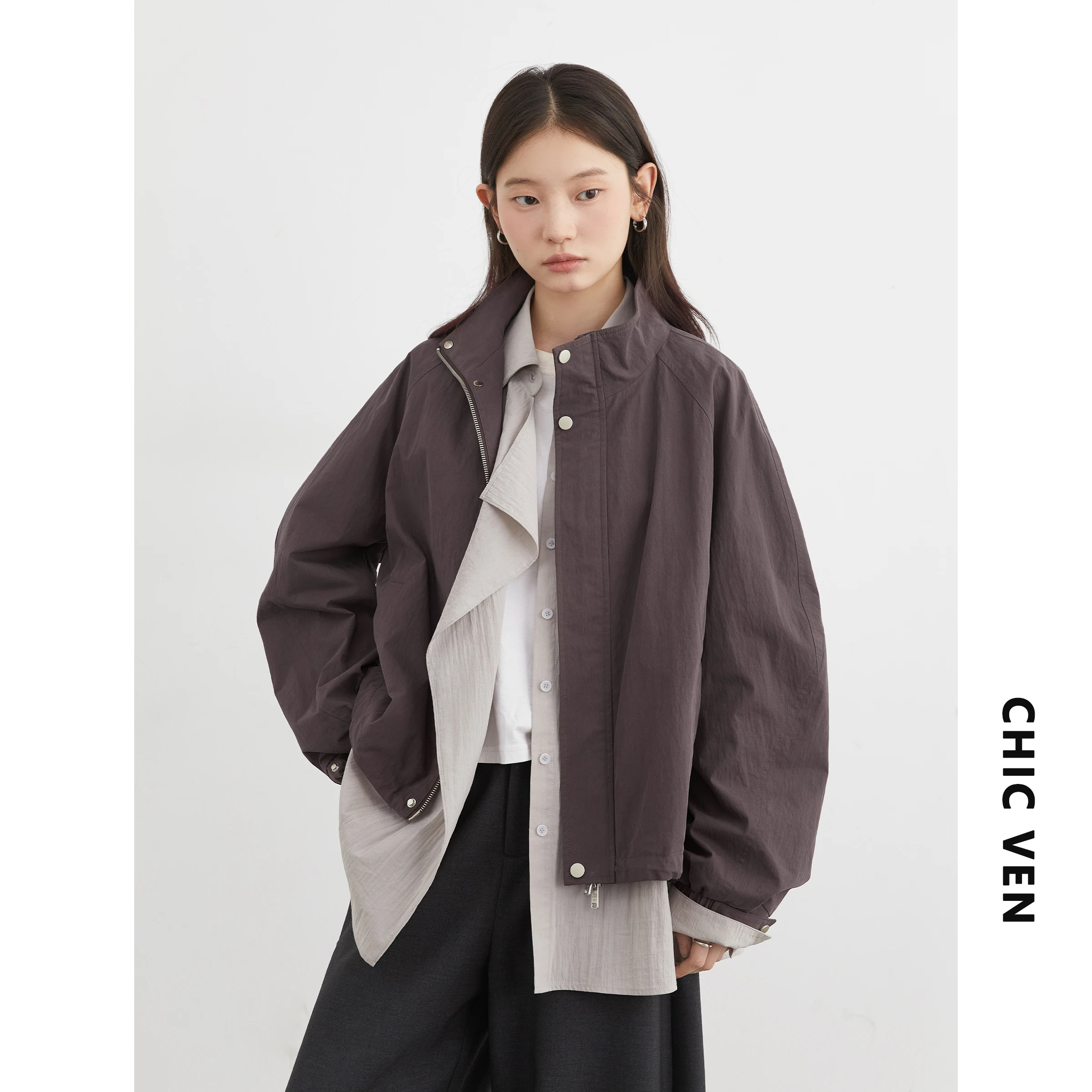 CHIC VEN Women Jackets WindproofLoose Casual Stand-up Collar Short Coat Drawstring Female Jacket Windproof Spring Autumn 2025