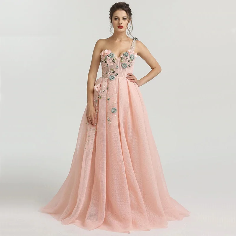 

Customized Exquisite Tulle Pearl Sequined Beading Handmade Flower Draped A-line One-shoulder Long Dresses Evening Dresses Formal