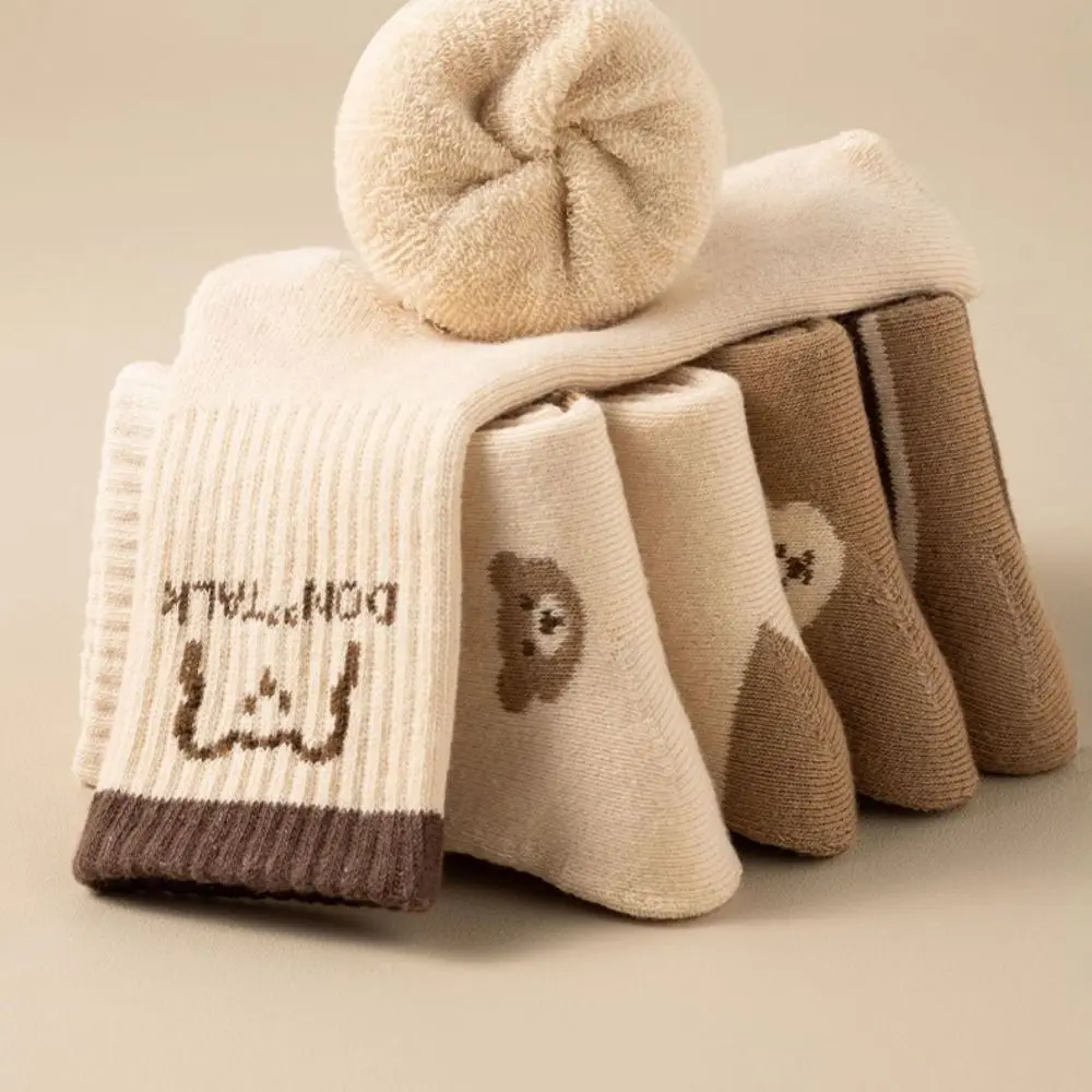 Cute Cartoon Bear Thermal Socks Terry Lining Thickened Warm Socks Sweat Absorption Breathable Mid-Crew Cozy Socks