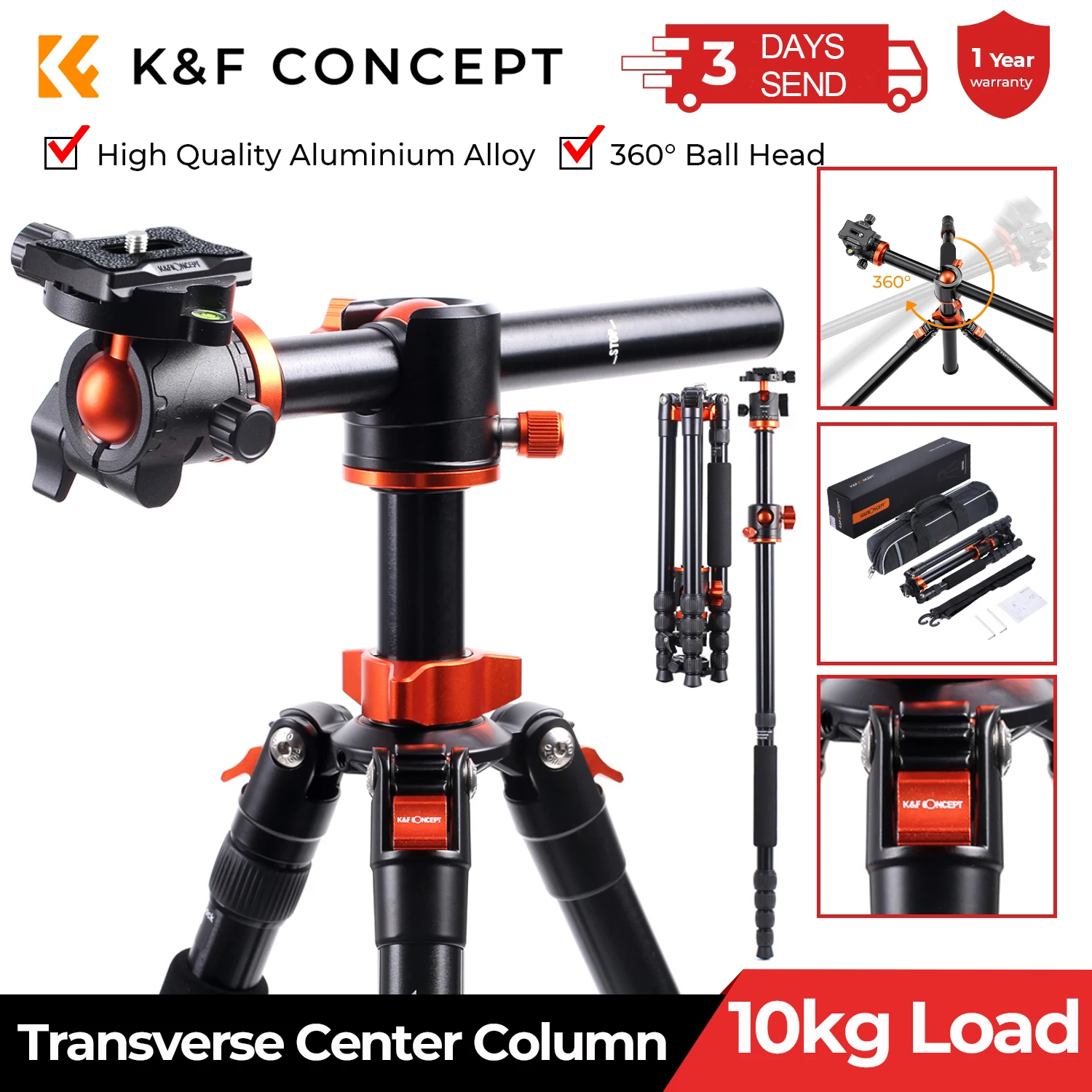 K&F Concept Aluminum Camera Travel Tripod T255A4 67 Inch Portable Monopod 360° Ball Head Quick Release Plate for Canon Sony DSLR