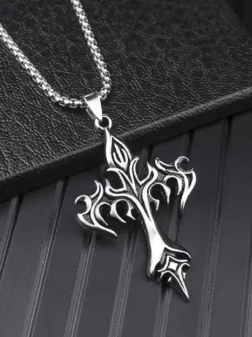 Fashion Vintage Flame Cross Pendant Necklace For Women Men Long Chain Punk Goth Trendy Accessories Choker Gothic Jewelry