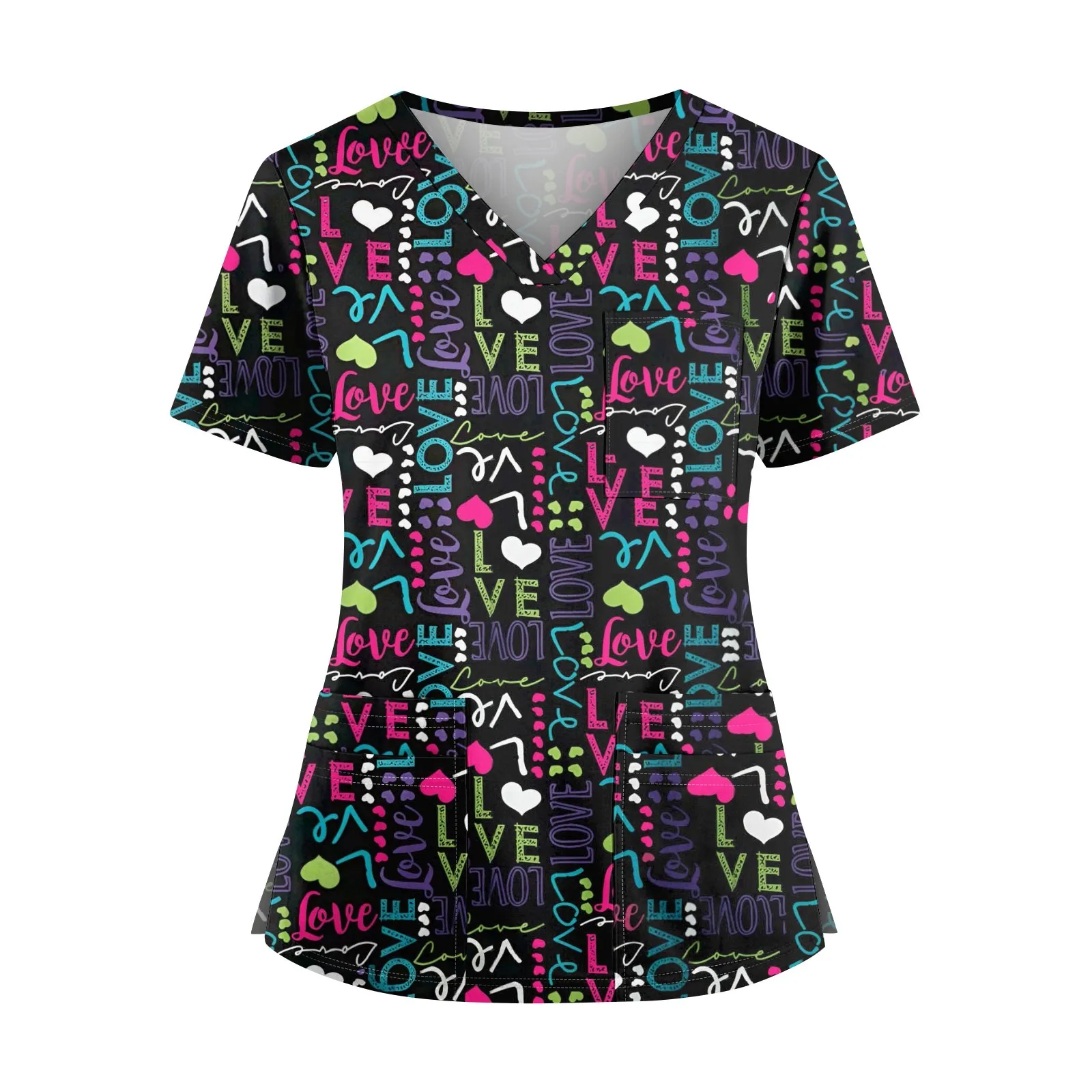 High Quality Women's Cross V-Neck Print Short Sleeve Workwear Comfortable Printed Scrub Working Uniform Tops Daily Casual Tops