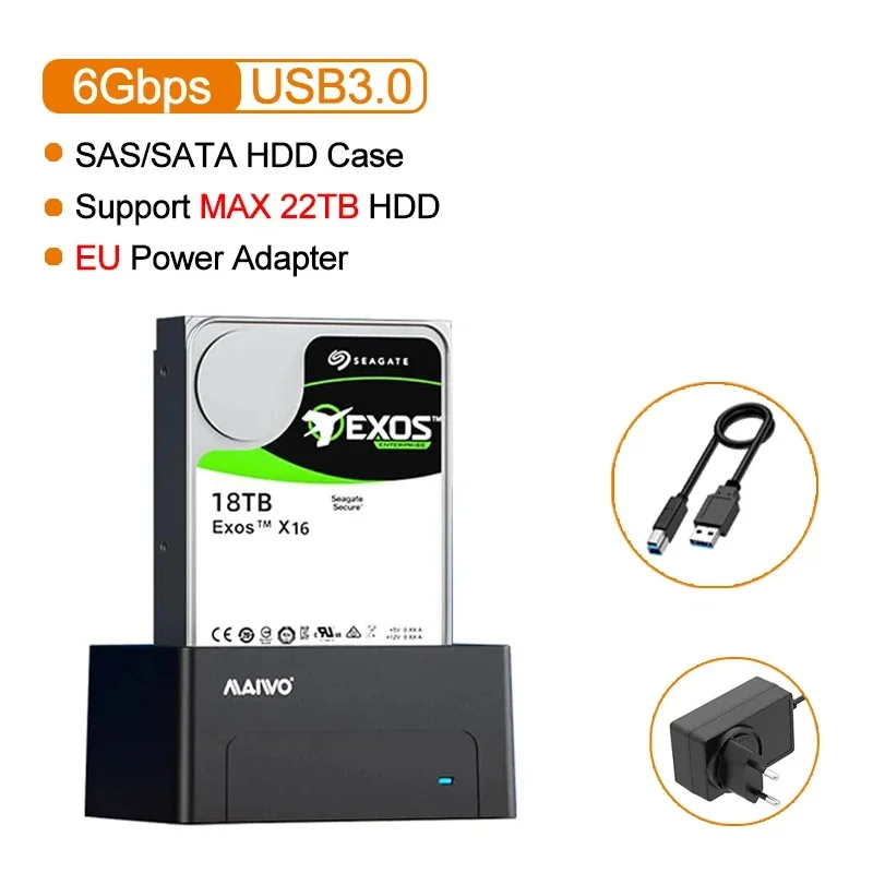 MAIWO 2,5" 3,5" SATA SAS HDD harde schijf dockingstation 5Gbps met UASP 22TB capaciteit SATA naar USB 3.0 adapter behuizingslezer
