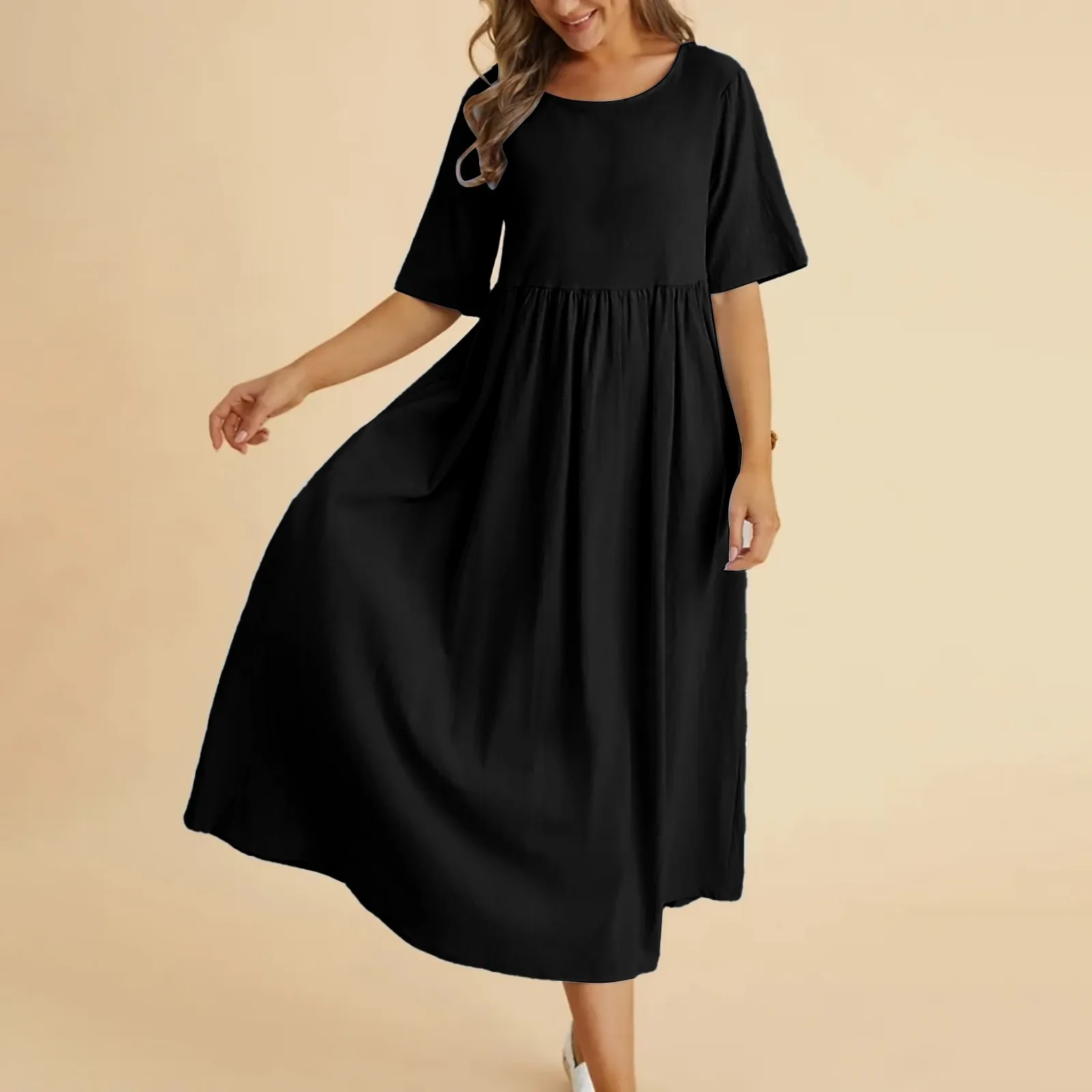 

2024 Spring Summer Cotton Maxi Dress Women Vintage Cotton Linen Long Dress Fashion Half Sleeve Solid Casual Dress Vestidos