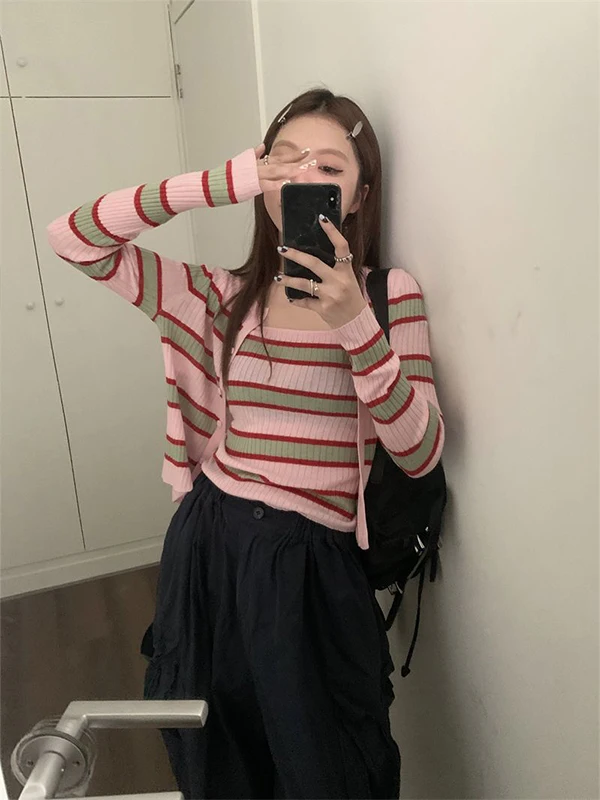 

Women's Soft Knitted Striped Open Cardigan Jaet Slim Fit Inner Tank Top Two-Piece Set Autumn New Sle Faionable Breathable