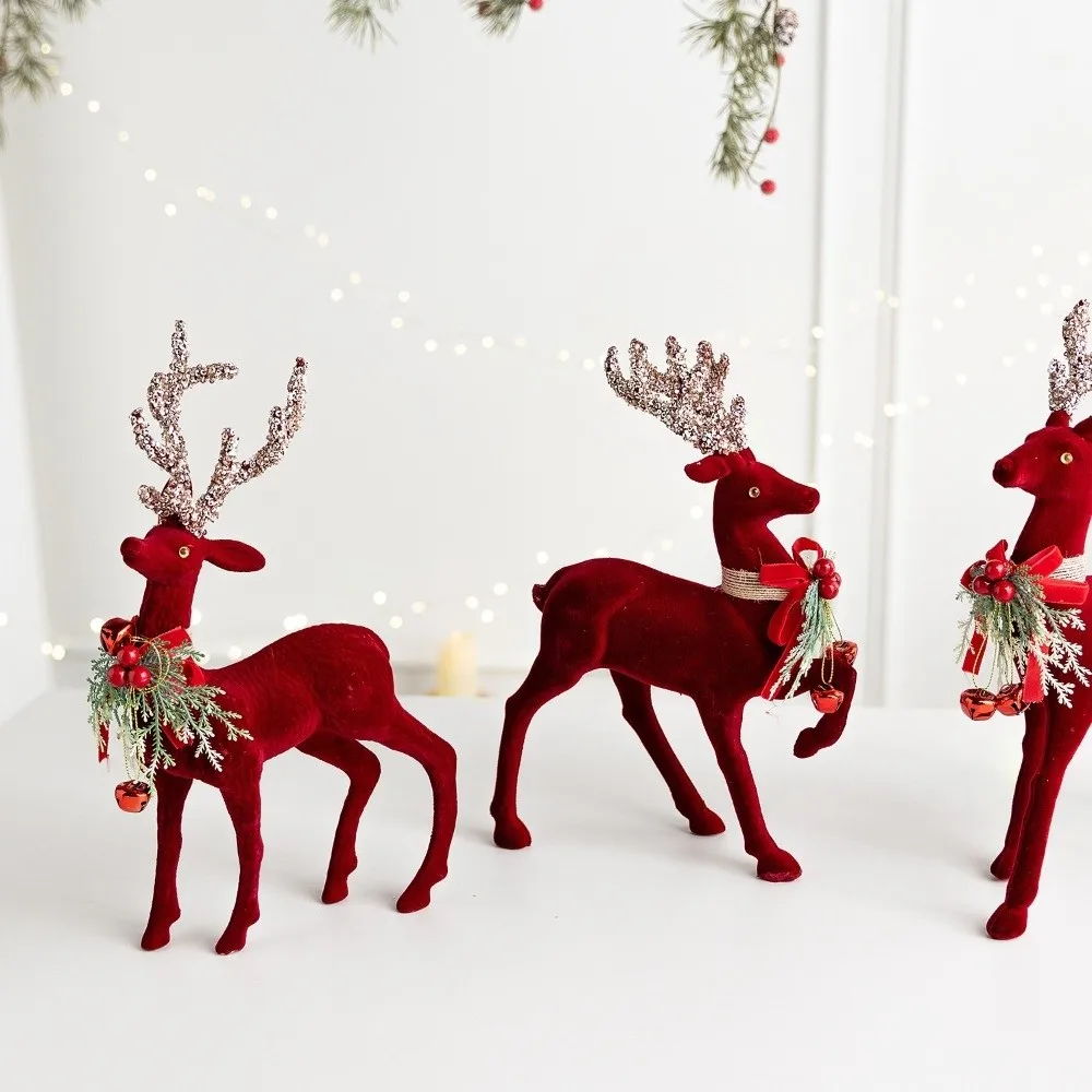Velvet Cover Reindeer Figurine Wine Red Bell Decor Tabletop Ornament Bow Ornament Glitter Antler Christmas Deer Statue