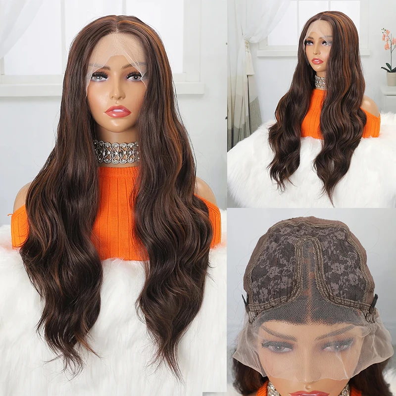 Synthetic Lace Front Wig Dark Brown Blonde Wig Long Wavy 28 