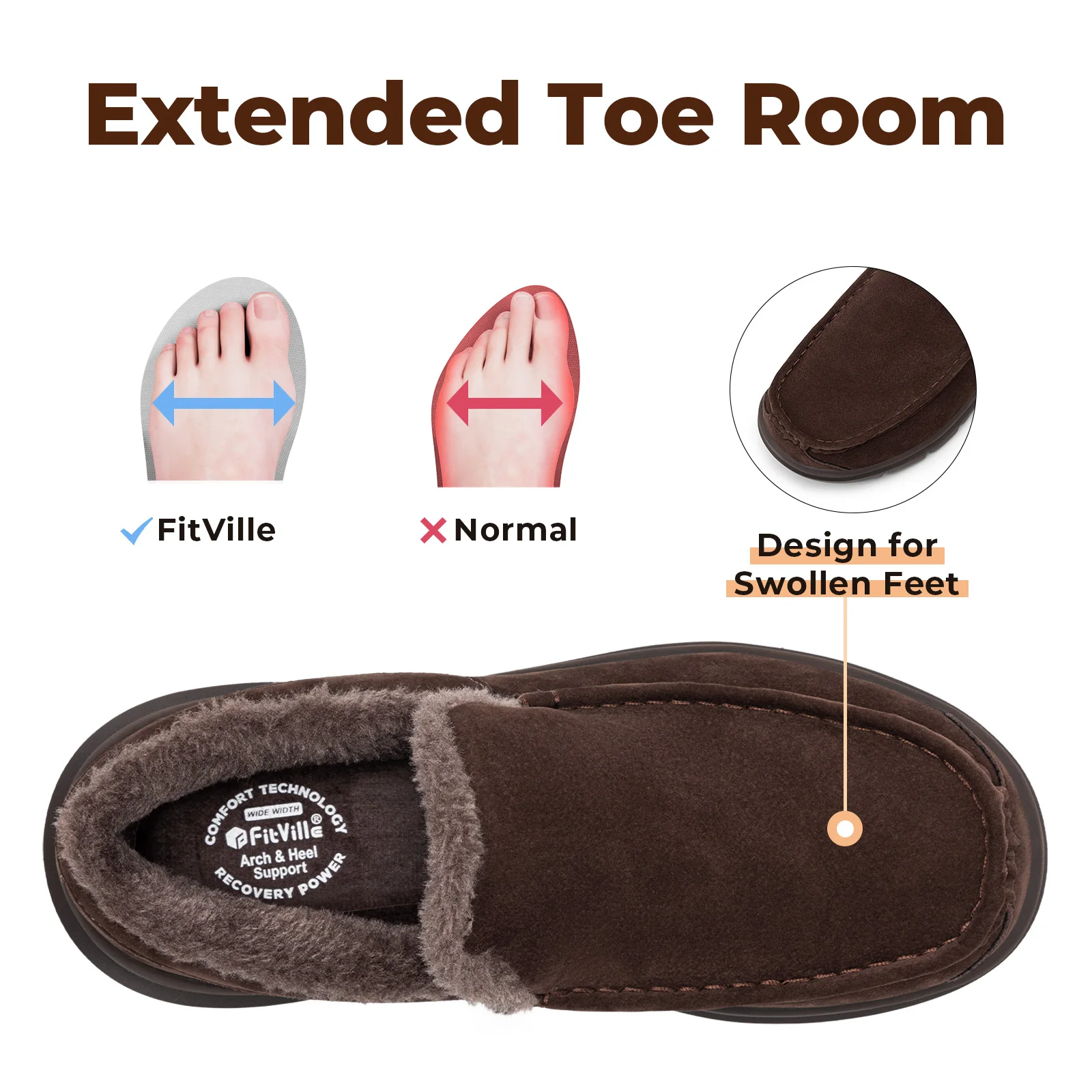 FitVille Extra Wide Toe Men's Cotton Shoes Slip-on House Slipper Non Slip Orthopedic Winter Shoes for Flat Feet Indoor & Outdoor