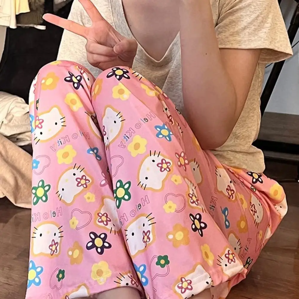 Sanrio Cartoon Hello Kitty Pajama Pants Anime Summer Home Casual Trousers for Women Kawaii Cotton Loose Casual Walk Dance Pant