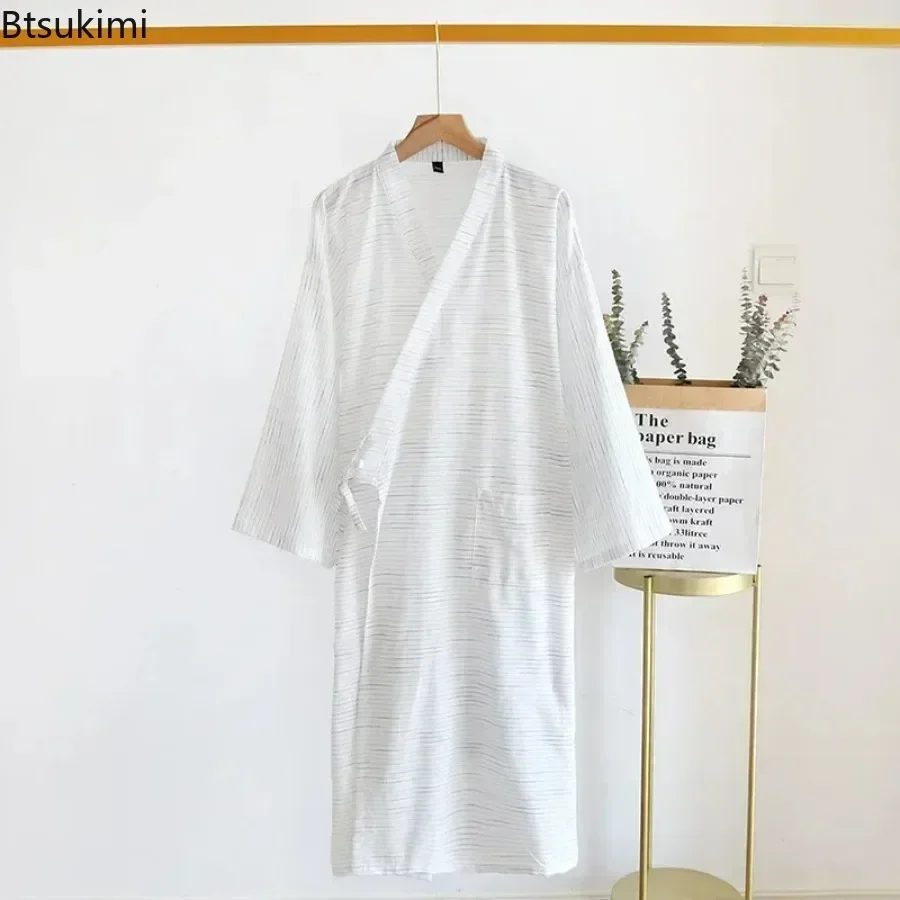 2025 Men's Long Style Bathrobe Cotton Cloth Spring Summer Robe Men's Striped Sweat Steaming Wear Home Bath Robes for Man Dress