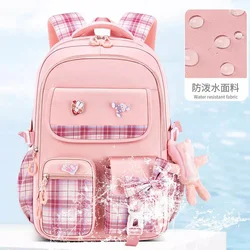 Student Ergonomic Spine Protection Grid Backpack for Girls Large Capacity Lightweight Waterproof Children's Send Pendants Gifts