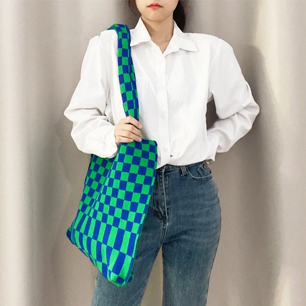 Checkerboard Women Shoulder Bag Designer Large Color Plaid Crochet Handbag And Purse Knitting Big Tote Shopper Bags Lady