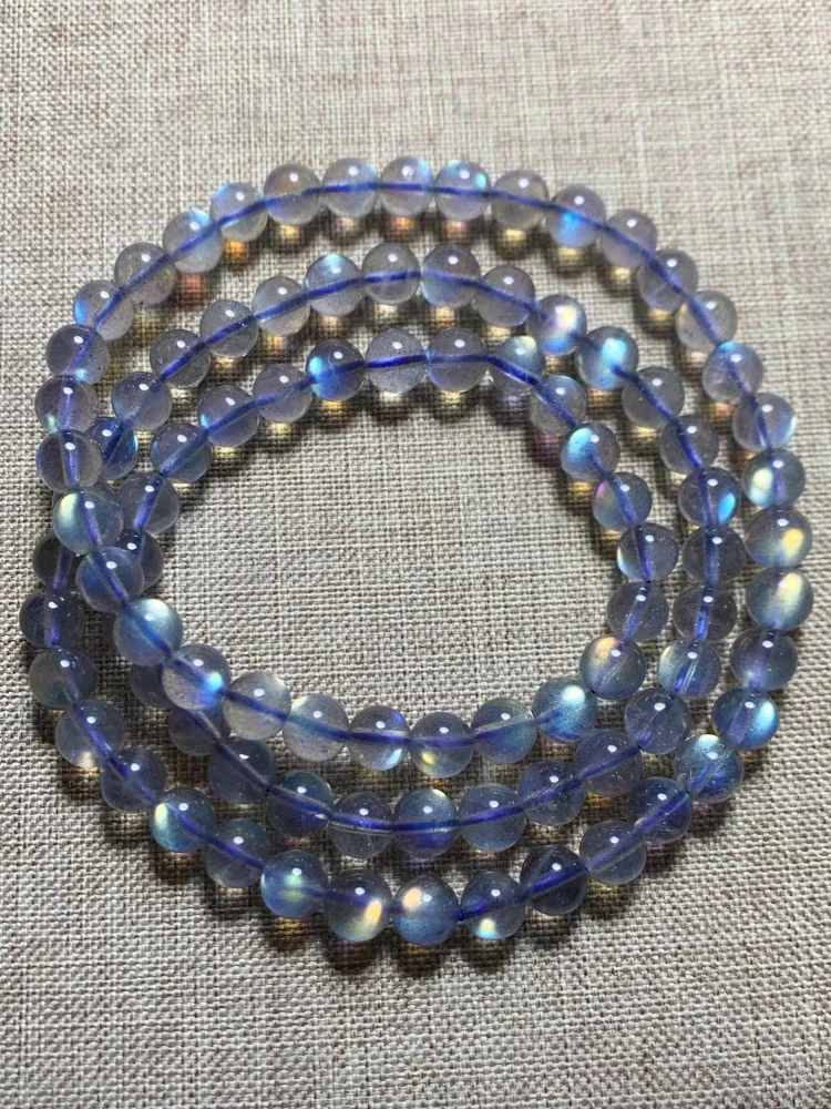 Natural Colorful Labradorite 3 Laps Bracelet Clear Round Beads Women Men Moonstone 6mm 21 Inches Fashion Stone Rare Gift AAAAA