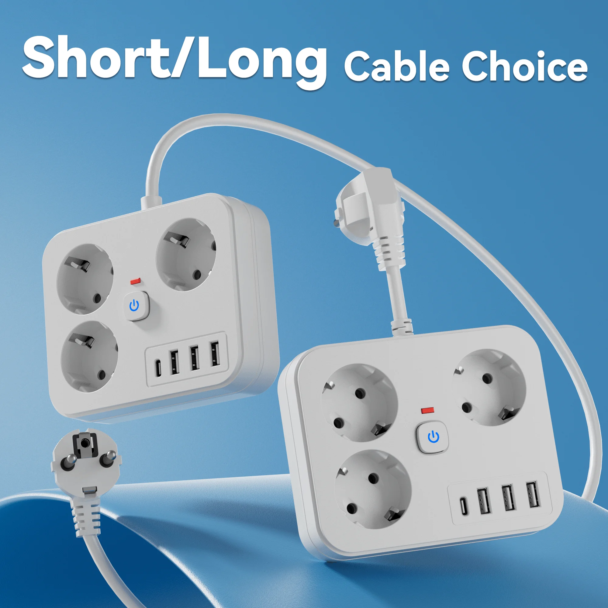 A 7-in-1 Extended Desktop/Wall-Mounted Socket Strip with Overload Protection Features 3 Ac Outlets, 3 USB Ports, and 1 Type-C Port.