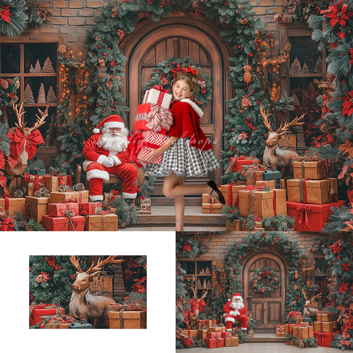 Rustic Christmas Backgrounds Kids Adult Photography Props Child Baby Decors Santa Claus Wreath Wooden Door Photo Studio Backdrop