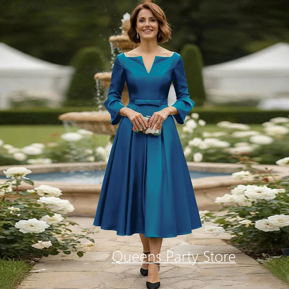 Fashion Mother of The Bride Dress Customized Small V Neck 3/4 Sleeves Draped Skirt A Line Tea Length Wedding Guest Gown
