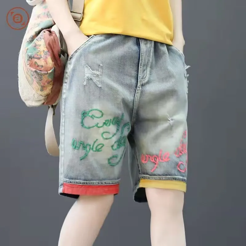 New National Embroidery Knee-length Denim Shorts 2024 Women Boyfriend Casual High Waist Shorts Jeans Summer Ripped Denim Shorts