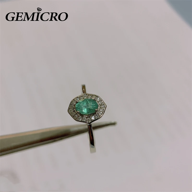 Gemicro 925 Sterling Silver Jewelry with 4*5mm Natural Emerald Stone for Women Ring as Party Wear Gifts Engagement Birthstone