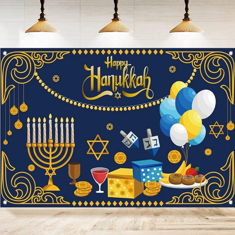 Happy Hanukkah Photography Backdrop For Chanukah Banner Jewish Holiday Menorah Star Of Decoration Background For Home Party