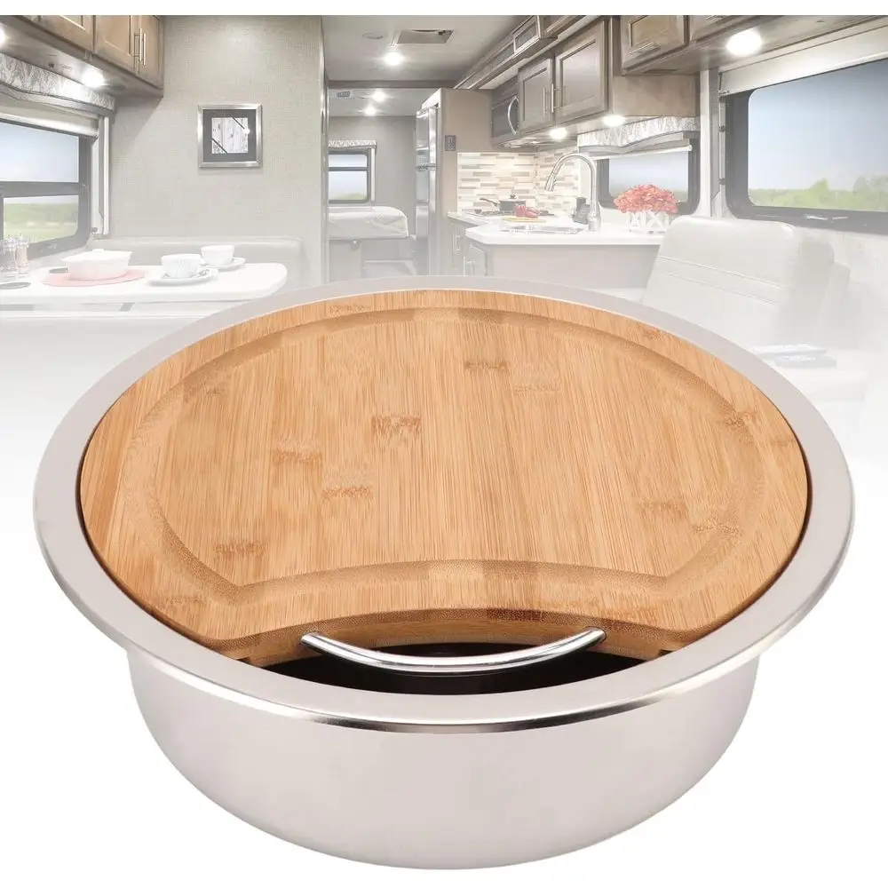 x120mm/14.17x4.72in RV 304 roestvrijstalen spoelbak ronde wastafel spoelbak met bamboe hakblok voor boot