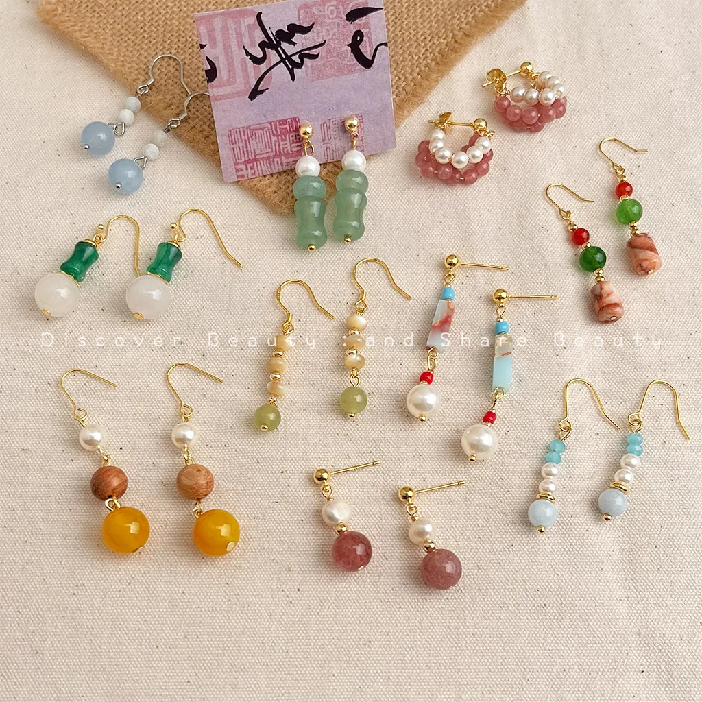 

DIY accessories New Chinese-style colored natural stone beaded earrings women's handmade retro temperament earrings, national st