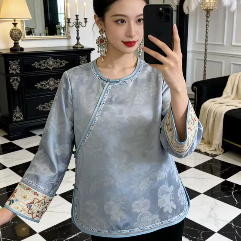 High-end Spring Summer New Acetate Coat Embroidery Flowers Women Elegant Loose Lady Top S-XXL