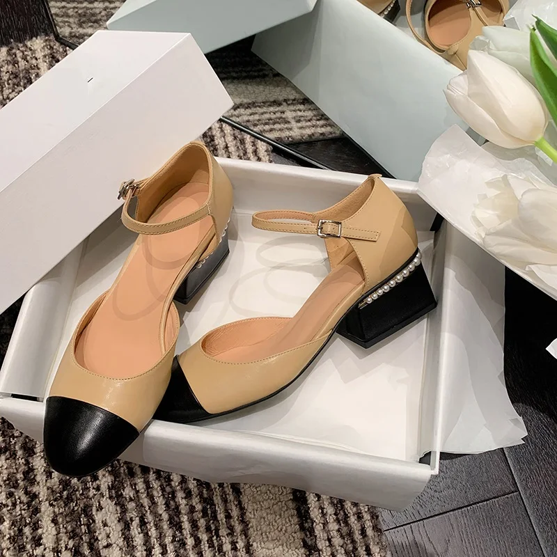 Elegant Pearls Shoes Woman Square Heel Sandals Summer Shoes Clsoede Toe Apricot Shoes For Women Dress Sandals Plus Size 41