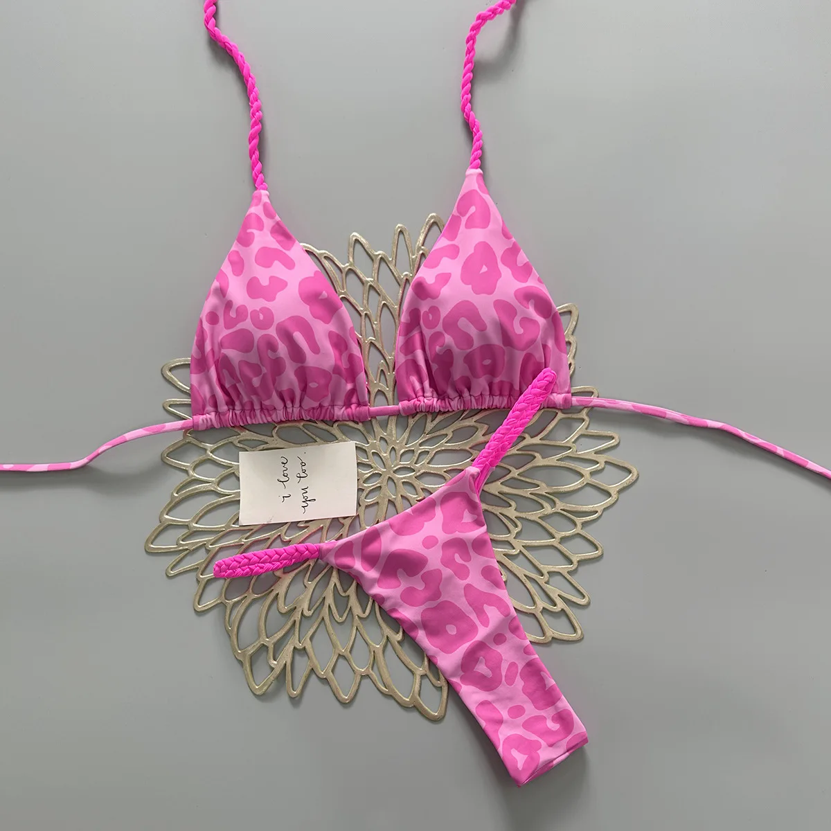 Pink Leopard Print Triangle Bikini Set Women Braided Tie String Two Piece Swimsuit Summer Beach Vacation Slim Bathing Swimwear