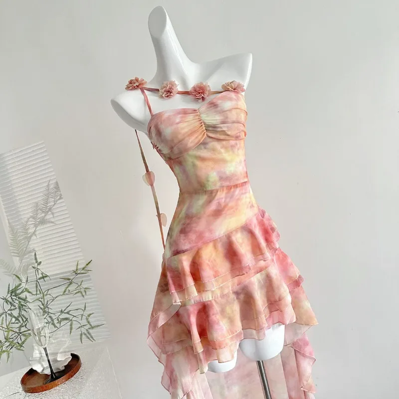French Flower Single Shoulder Suspender Fairy Dress Summer Irregular Beach Vacation Mini Dress for Women Sexy Evening Dresses