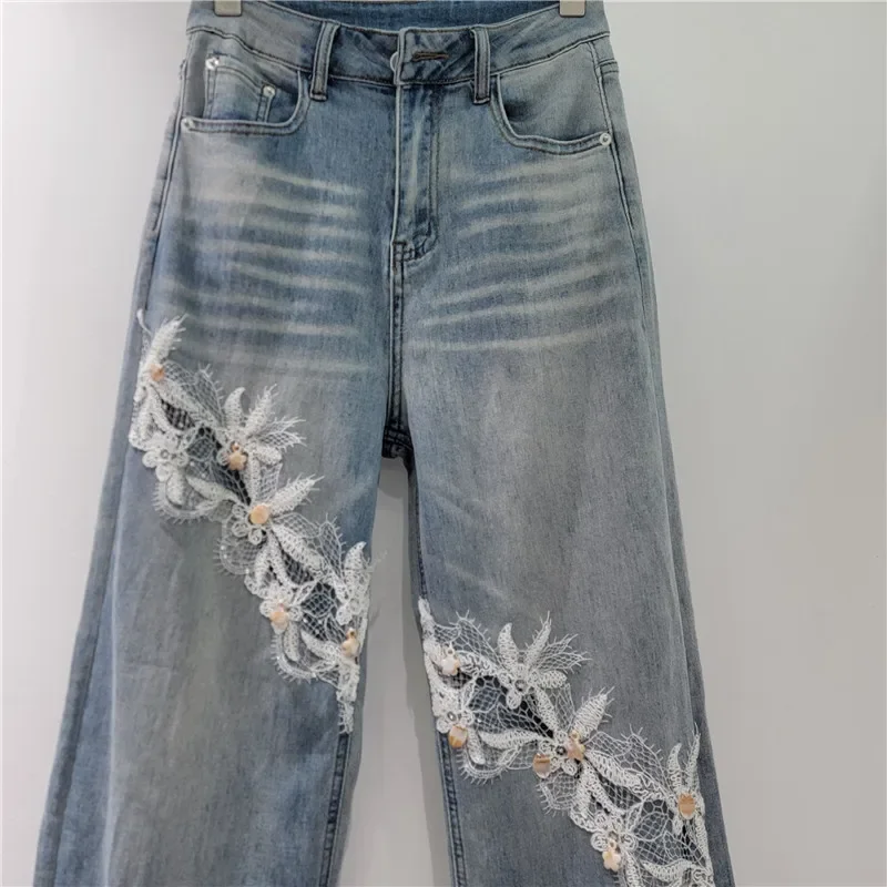 Women's Jeans Flowers Pendant Patchwork Lace Hollow Out High Waist Straight Denim Pants 2025 New Fashion Summer Female Trousers