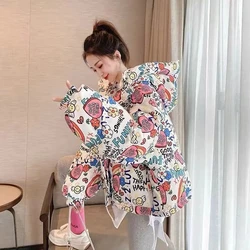 2023 Women Down Jackets Bubble Coats Winter Korean Ladylike Girls Down Jackets Sweet loose fitting student printed hooded jacket