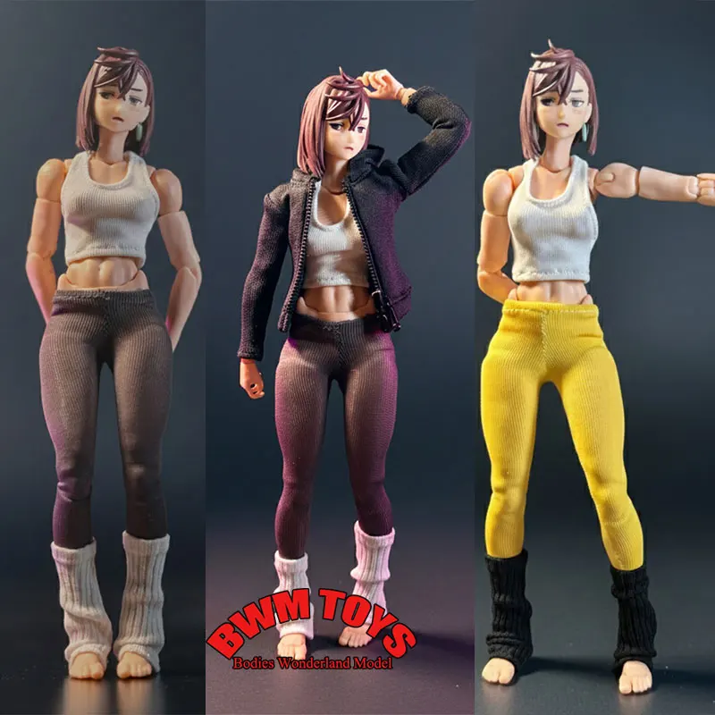 

1/12 Scale Female Soldier White Wide Shoulder Strap Vest Straight Yoga Pants Knitted Leg Covers For 6'' Nota Action Figure Doll