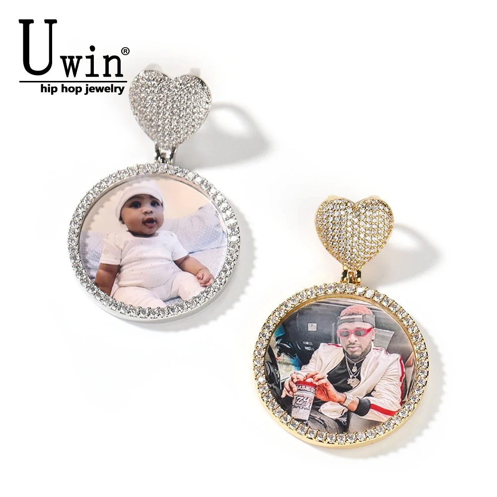 

Uwin Custom Round Photo Heart Clasp DIY Pic Medallions Memory Pendant Engrave Name HipHop Jewlery Personalized Men Women Gifts