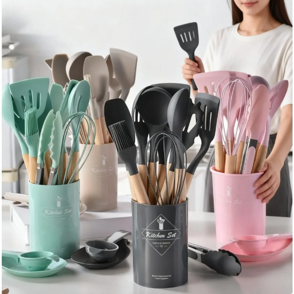 

12PCS Silicone Non - Stick Kitchen Utensils Set with Wooden Handles - Spatula, Shovel, Egg Beaters & More Cooking Tools
