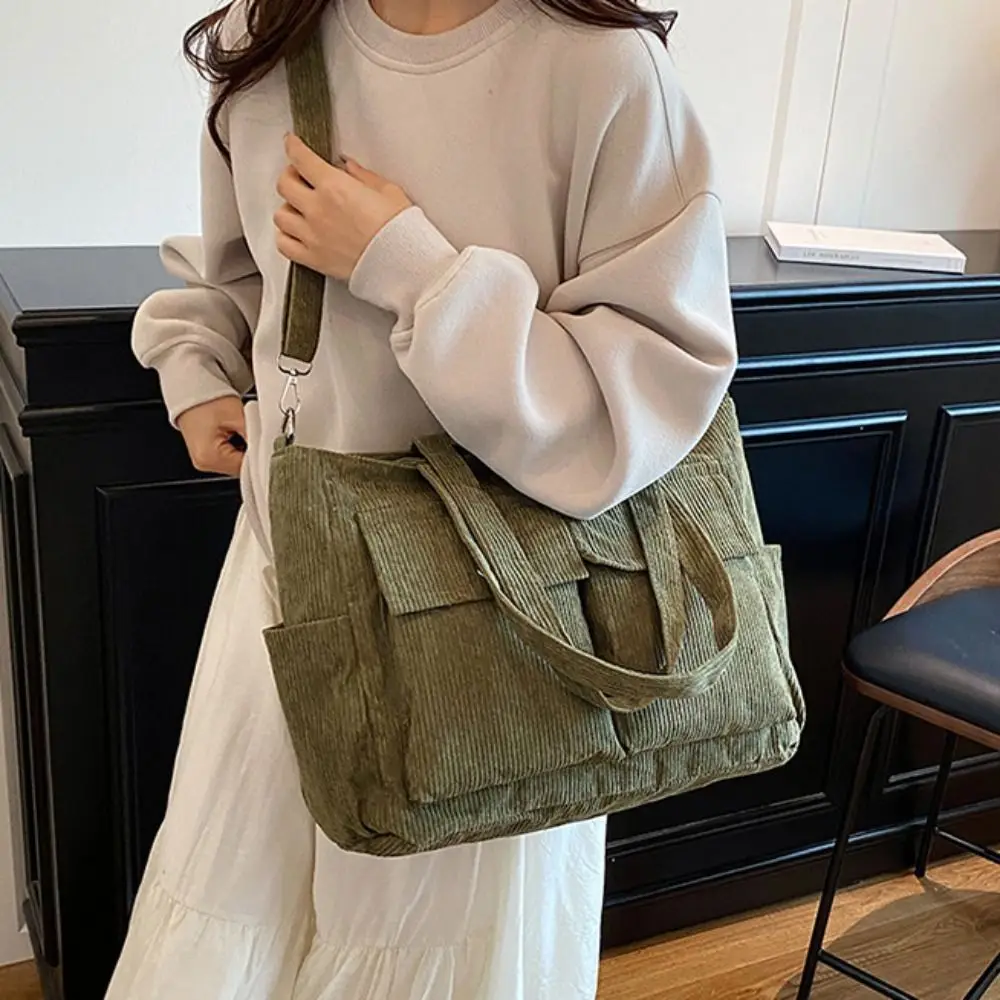 

Простая вместительная сумка-тоут из вельвета, винтажная однотонная сумка через плечо с множеством карманов, элегантная повседневная сумка-багет для девушек