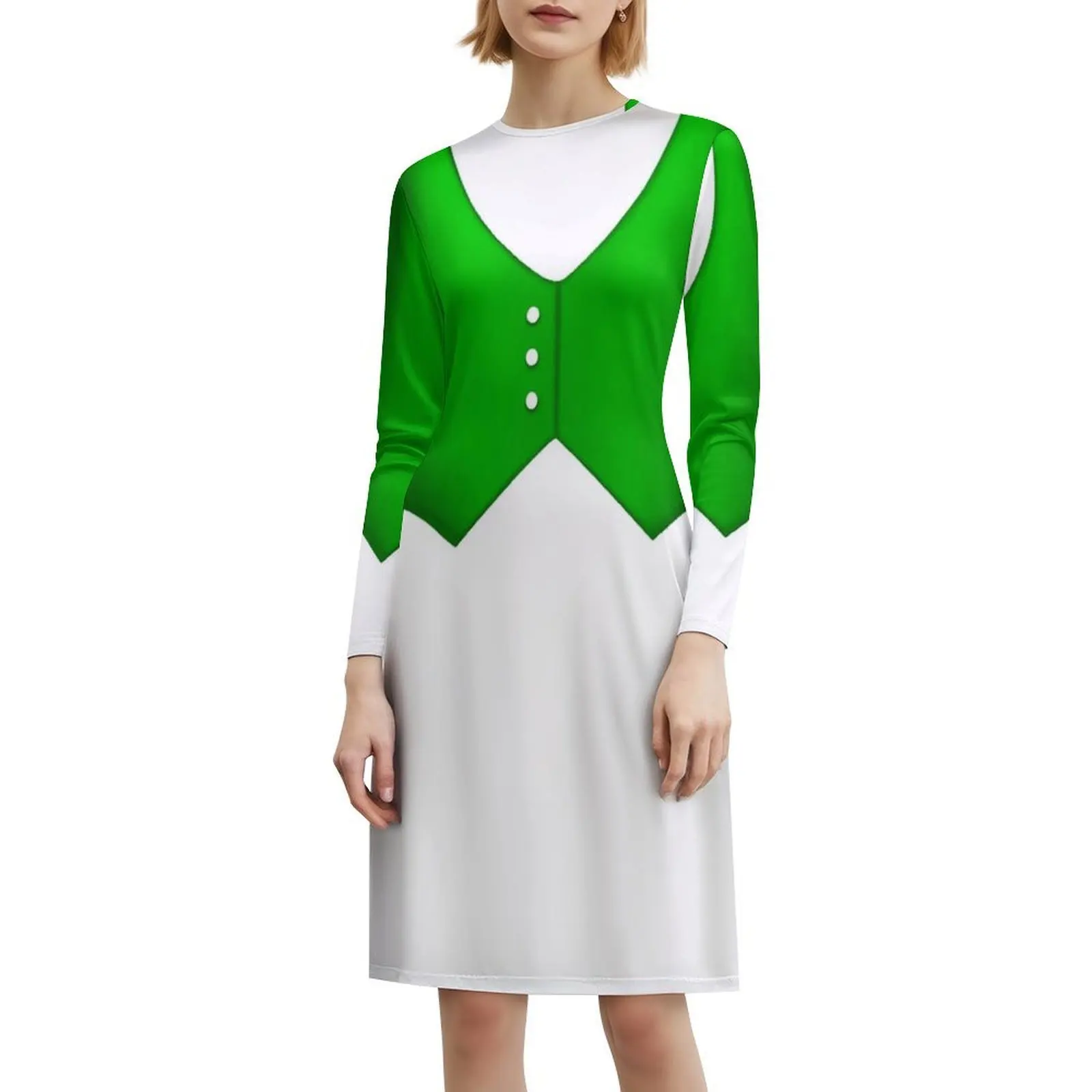 塗装された明るい緑色のベスト、3 つのボタン付き、ヴィンテージボヘミアンドレス、パフスリーブまたはノースリーブのオプション、女性用ドレス、塗装済み